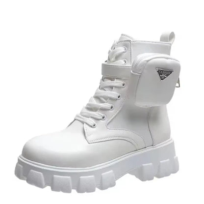 Women's Leather Oxford Motorcycle Boots – Lace-Up Platform Wedge Shoes in White, Black, and Rinse