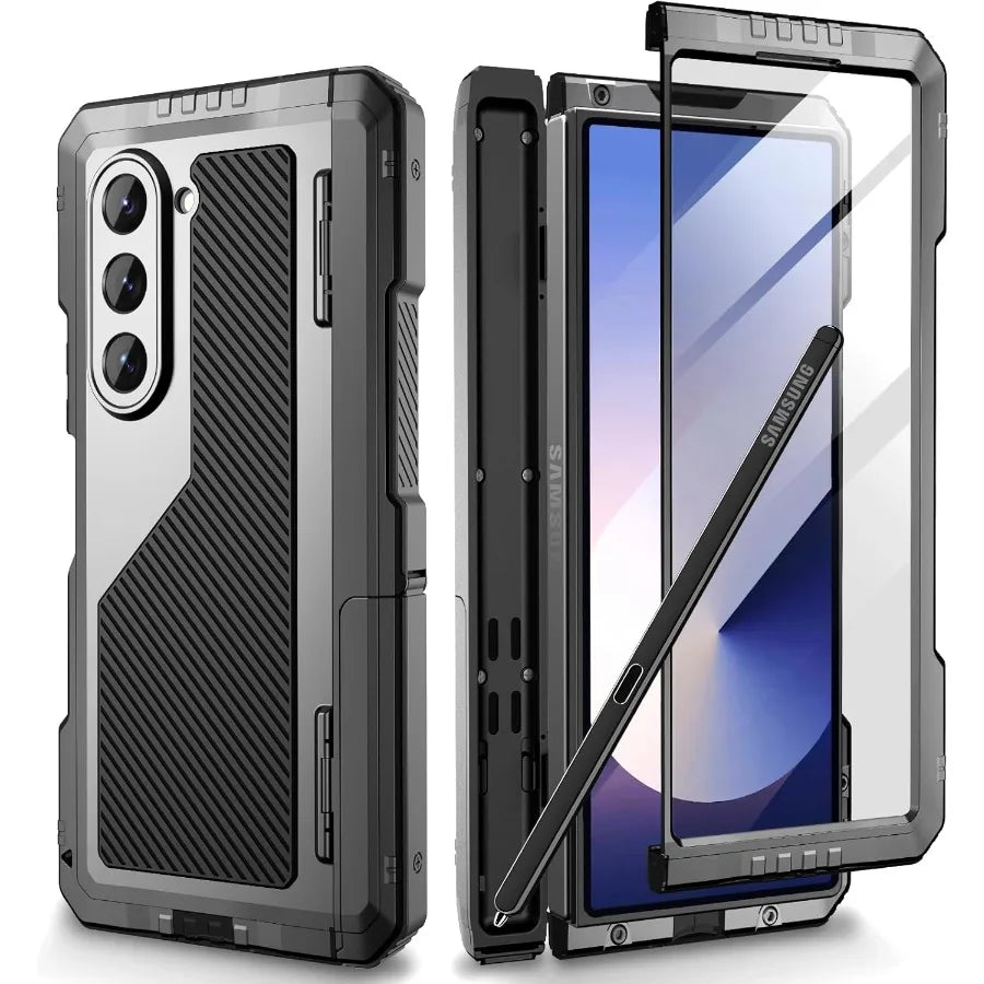 Heavy Duty Metal Shockproof Case for Samsung Galaxy Z Fold 6/5/4 – Anti-Fall Silicone Bumper Cover with PET Screen Protector