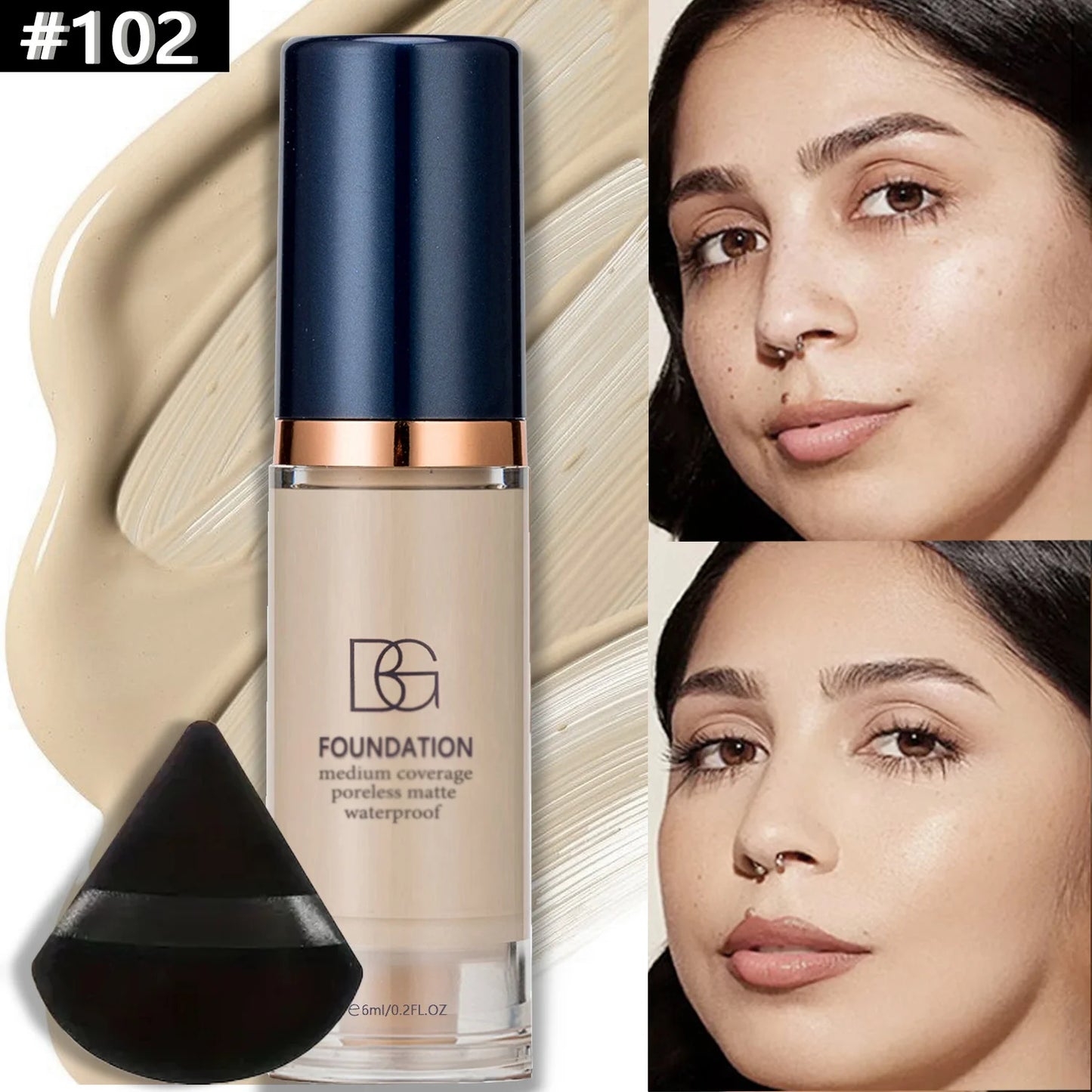 2PCS Waterproof Liquid Foundation Set - Matte Full Coverage Makeup with Black Triangle Powder Puff for Flawless Finish