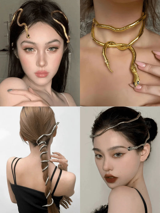 Metal Snake Hair Chain - Creative Wrap-Around Hairband & DIY Necklace Accessory with Open Design