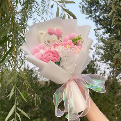 Kawaii Hello Kitty Cat Dolls with Artificial Flowers – Creative Sanrio Bouquet for Christmas, Valentine’s & Birthday Graduation Gifts