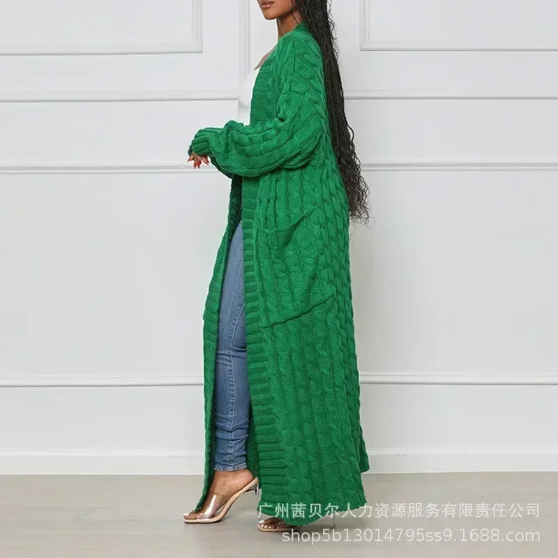 Open Front Cable Knit Longline Cardigan for Women – Long Sleeve, Loose Fit, Casual Fashion Knitwear, Solid Color