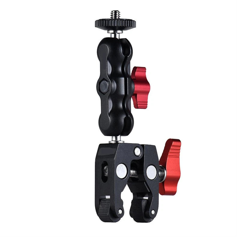 Super Clamp Camera Mount with 360° Ballhead, Double Ball Head Magic Arm Adapter for DSLR, GoPro, LED Lights, and Phone
