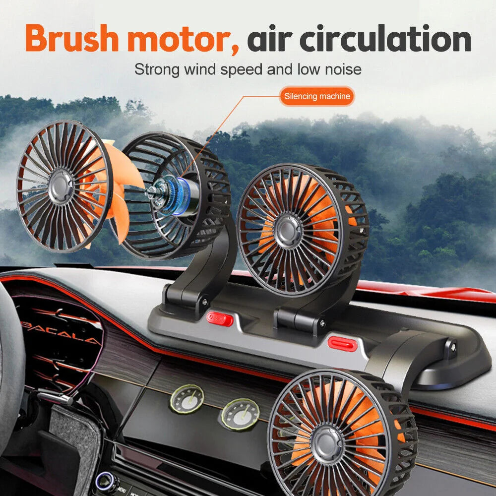 360° Adjustable Car Fan - 3-Head Automotive Electric Fan - USB/12V/24V - 2 Speeds - Silent Cooling for Home, Desk, Office & Car