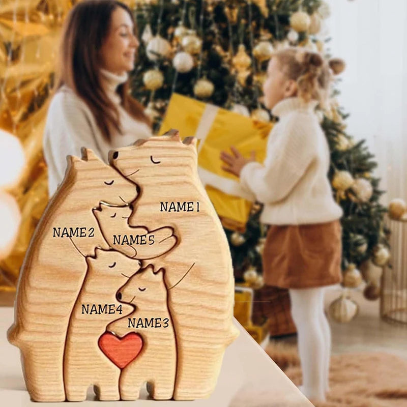 Personalized Wooden Bear Family Puzzle – Custom Name Home Decor, Thanksgiving & Christmas Gift for Mom & Baby