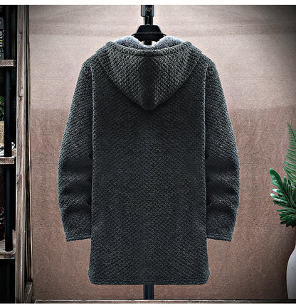 Men's Cashmere Hooded Cardigan Coat – Warm Fleece Long Sweater Jacket for Autumn Winter