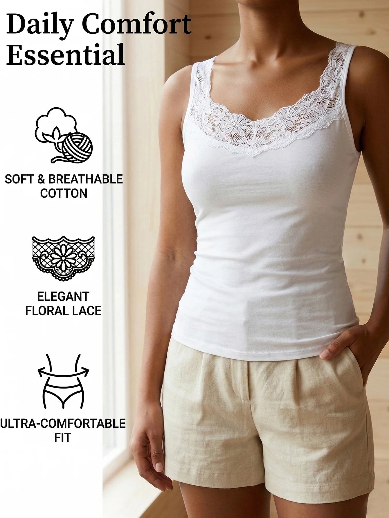 Women’s Lace Trim V-Neck Camisole Sleeveless Tank Top – Casual Elegant Solid Color Comfortable Daily Undershirt Vest