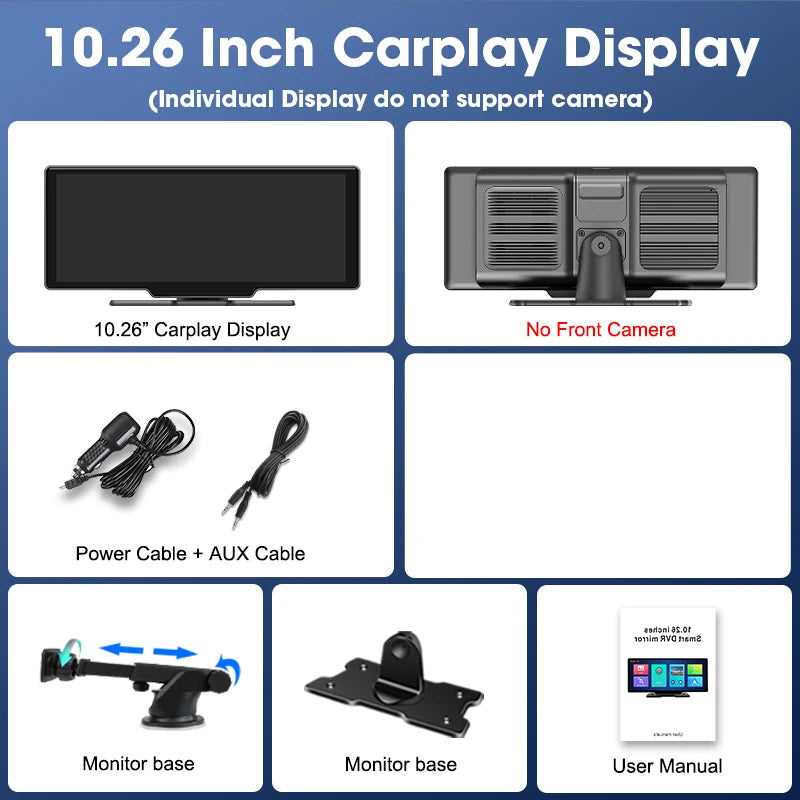 10.26'' 4K Dash Cam Car Mirror Video Player - Wireless CarPlay, Android Auto, GPS, and Rearview Camera Monitor