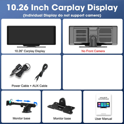 10.26'' 4K Dash Cam Car Mirror Video Player - Wireless CarPlay, Android Auto, GPS, and Rearview Camera Monitor
