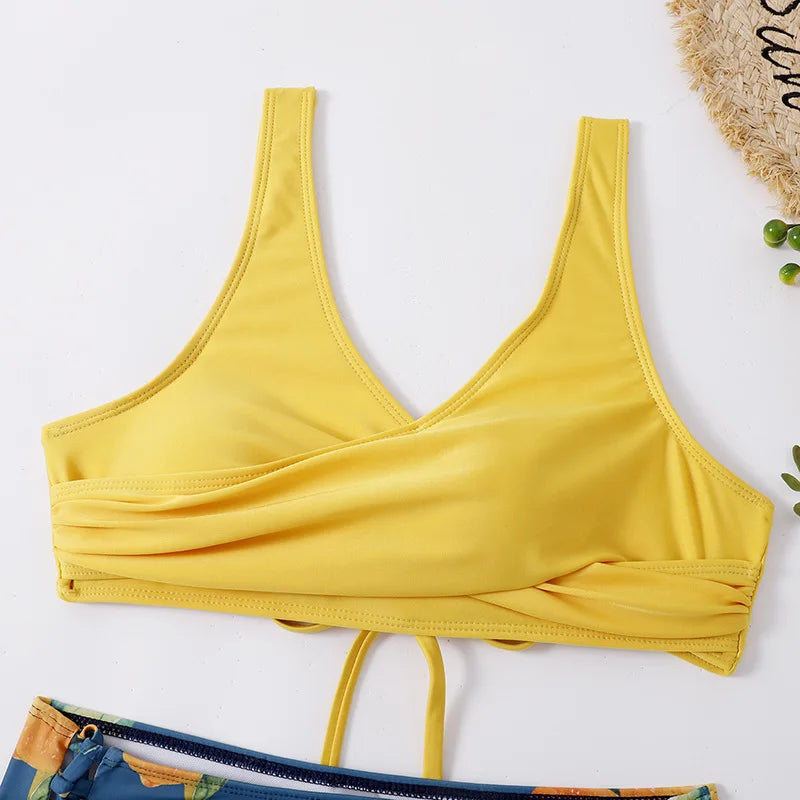Vintage Printed Bikini Set – Women’s Cross Pleated Backless Lace-Up Push-Up Two-Piece Swimwear 2025 Beach Bathing Suit