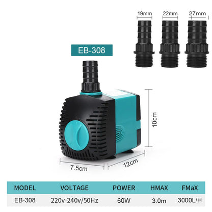 Ultra-Quiet 3-60W Submersible Water Fountain Pump - Filter for Fish Pond & Aquarium, EU/US 220V-240V