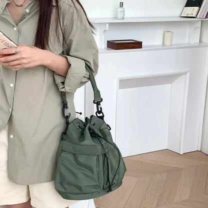 Women’s Large Capacity Nylon Tote Bag - Waterproof Shoulder & Crossbody Handbag with Drawstring Closure