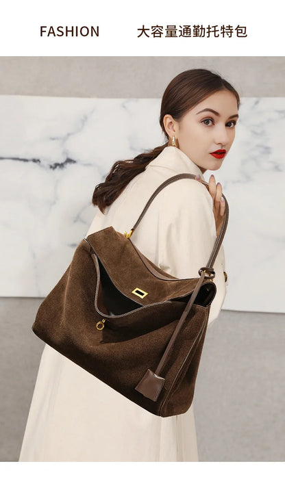 Autumn Winter Suede Leather Tote – Frosted Cowhide High-Capacity Shoulder Kelly Bag