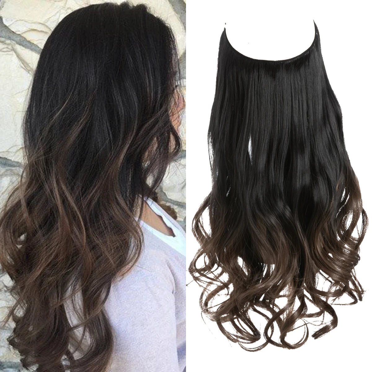 Synthetic Ombre Hair Extension - One Piece Invisible Wire Long Wavy Clipless False Hairpiece Black Blonde Pink