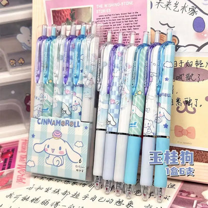 6PCS Cartoon Kuromi Gel Pens – Kawaii Hello Kitty, Cinnamoroll & Melody 0.5mm Quick-Drying School Stationery for Students