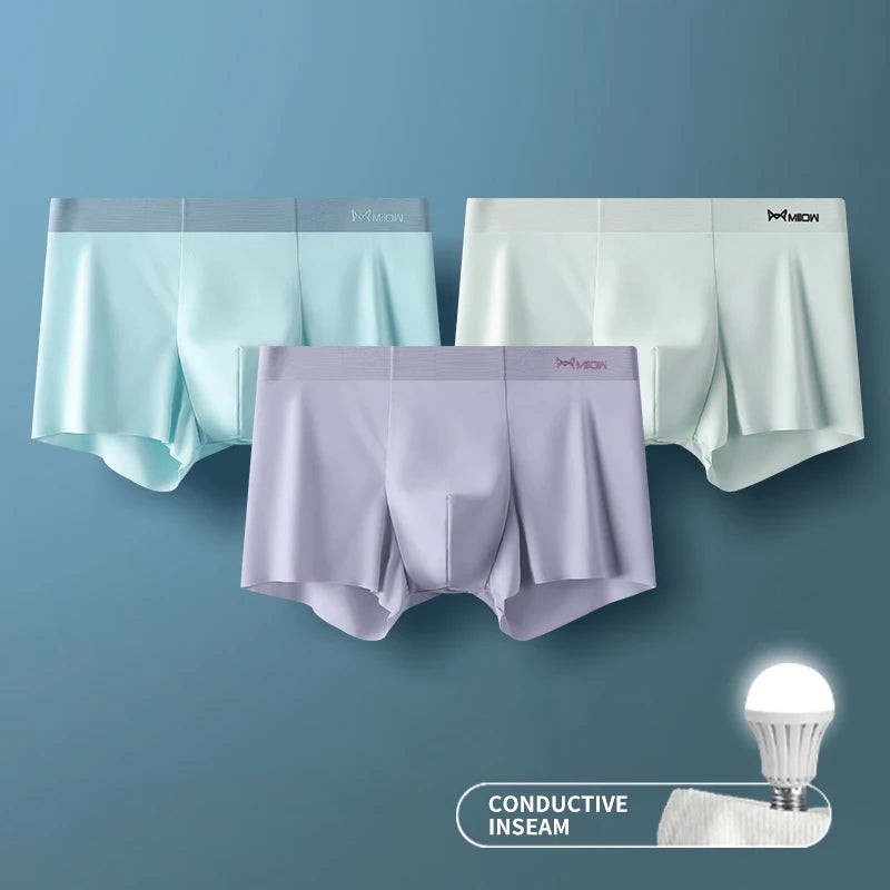 MiiOW 3-Piece Ice Silk Men's Boxer Briefs - Seamless Anti-Static Metal Fiber Comfort Underwear