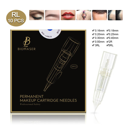 10PCS BIOMASER Disposable Tattoo Needles — Permanent Makeup Cartridges for Eyebrow & Lip, 1R/2R/3R/5R