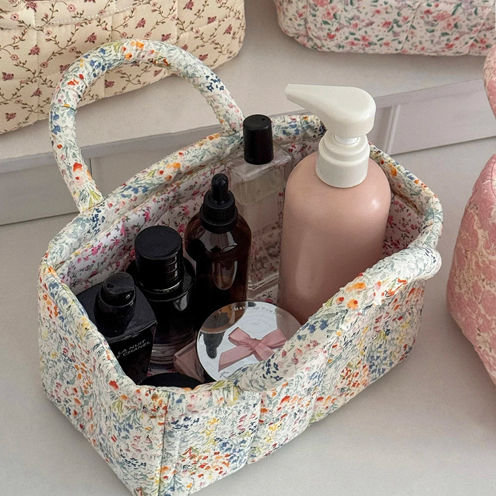 Cute Pink Flower Quilted Storage Basket with Handle – Foldable Home Organizer for Pet Toys & Room Storage