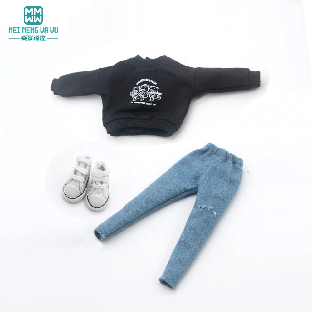 Blythe Doll Clothes – Fashion Tops, Black & White Shirts with Jeans & Plaid Pants for Azone OB22/OB24 Dolls