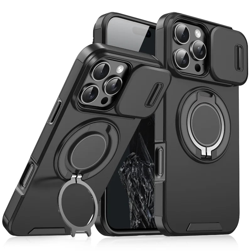 Luxury Rugged Armor Magnetic Case – Heavy Duty PC Cover with Slide Camera Protection for iPhone 16, 15, 14, 13, 12, 11 Pro Max Plus