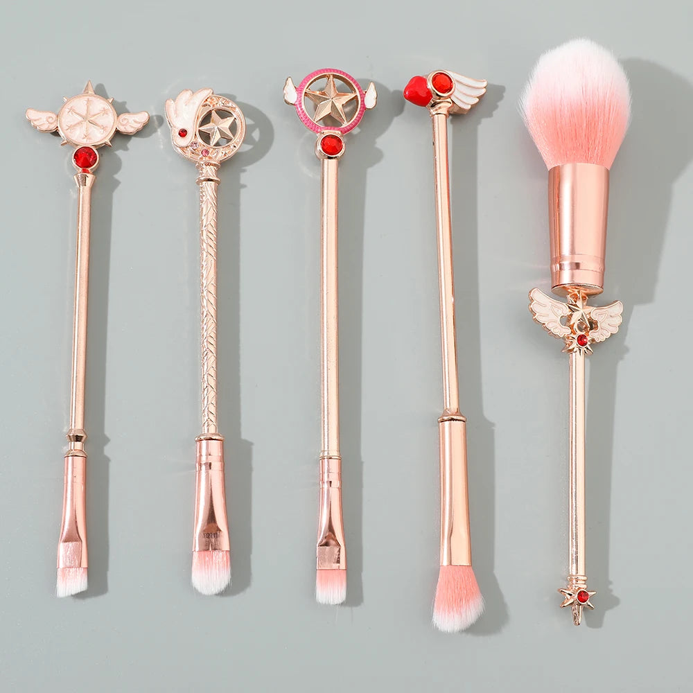 5-Piece Sakura Makeup Brush Set - Soft Fluffy Metal Handle Powder, Eyeshadow & Eyebrow Brushes
