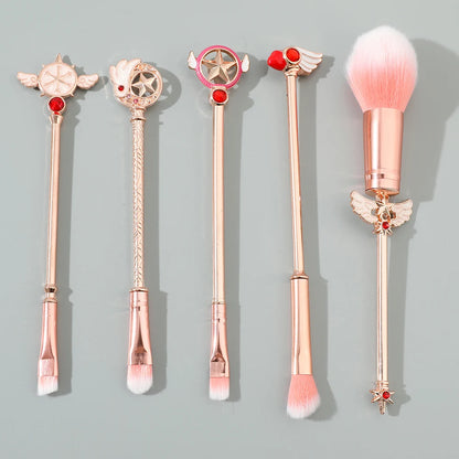 5-Piece Sakura Makeup Brush Set - Soft Fluffy Metal Handle Powder, Eyeshadow & Eyebrow Brushes