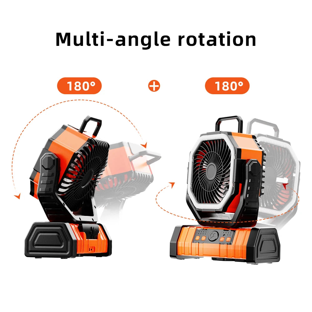 20000mAh Portable Rechargeable Fan — Battery-Operated Desk & Camping Fan with LED Light & Hook for Tent, Car, and Outdoor Trips