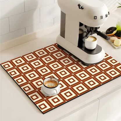Retro Coffee Maker & Dish Drying Mat – Non-Slip, Quick-Dry Kitchen Placemat for Tableware, Washable