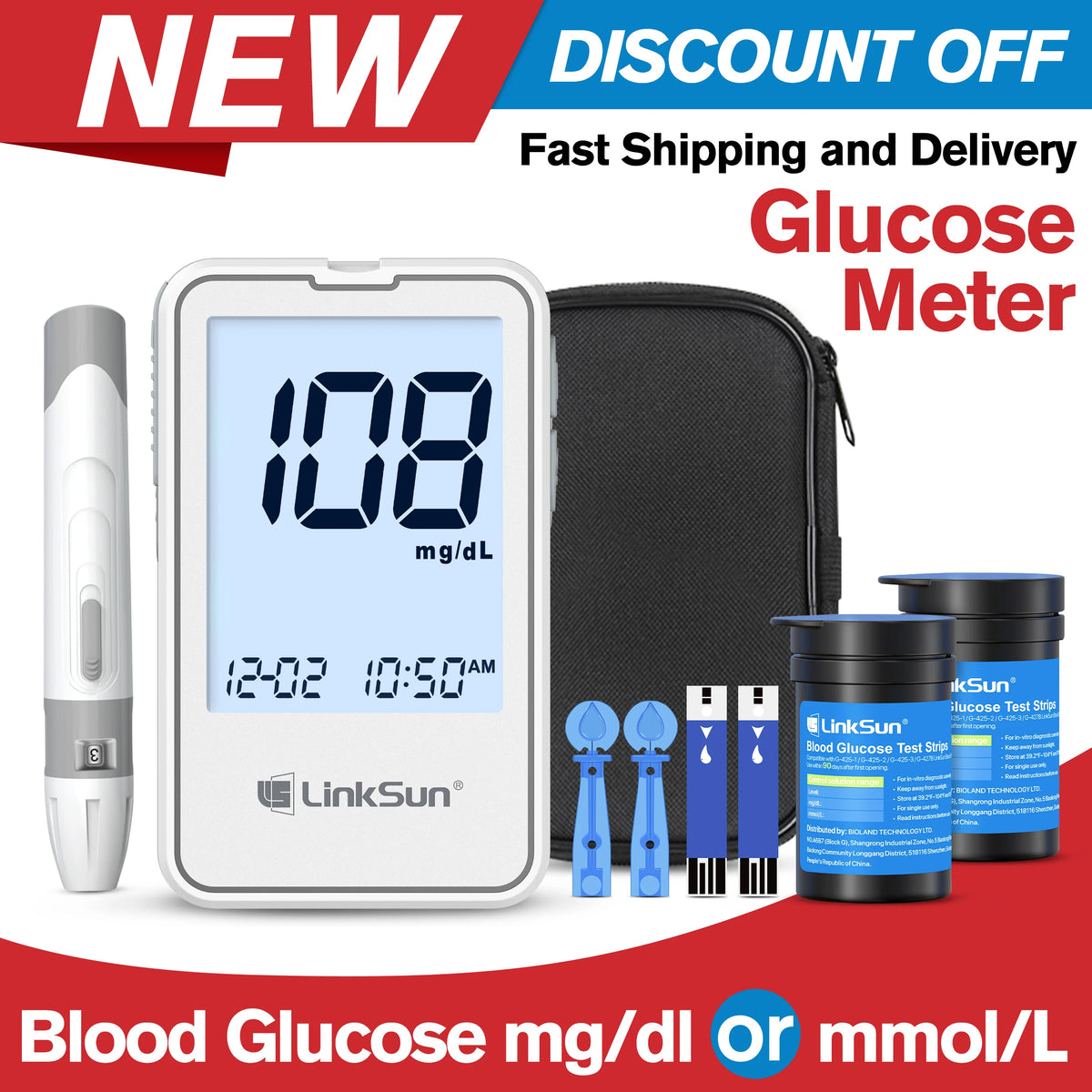 G-425-2 Linksun Blood Glucose Meter - Digital Blood Sugar Monitor with 50 or 100 Test Strips for Diabetes Testing