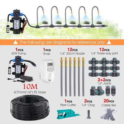 Adjustable 360° Brass Mist Nozzle Garden Irrigation Kit with 1/4” Hose, 15–5M Flexible Spray Cooling Sprinkler System for Watering & Cooling