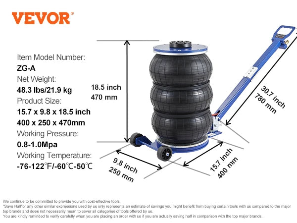 VEVOR Pneumatic Air Jack – 3 Ton/5 Ton Triple Bag Quick Lift Heavy Duty Car Repair Jack with Folding Rod & Two Wheels