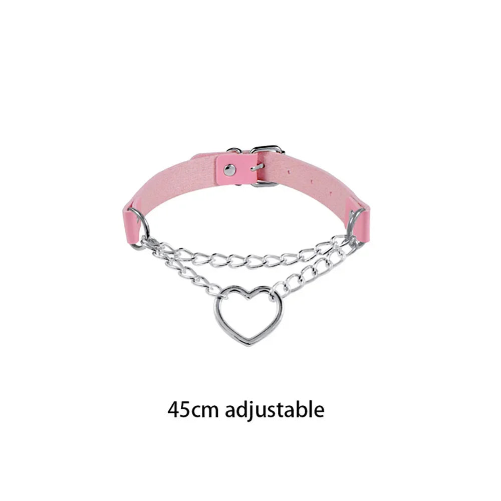Pink Gothic Collar Necklace – Trendy Rock Leather Heart with Rivets, Harajuku Punk Choker Jewelry for Women, Gift Idea