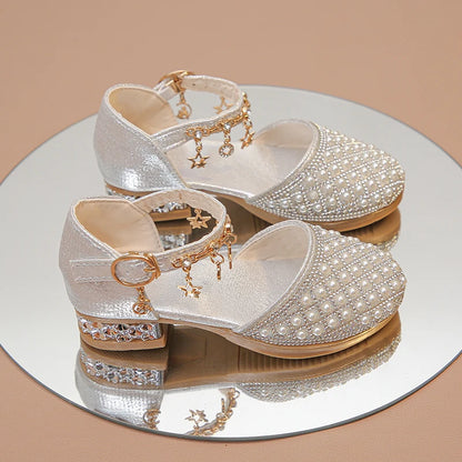 Girls’ Glitter High Heel Dress Shoes – Rhinestone Pendant Princess Shoes for Wedding & Party