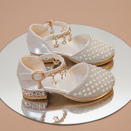 Girls Glitter Rhinestone High Heel Shoes - Princess Dress Shoes for Weddings and Parties