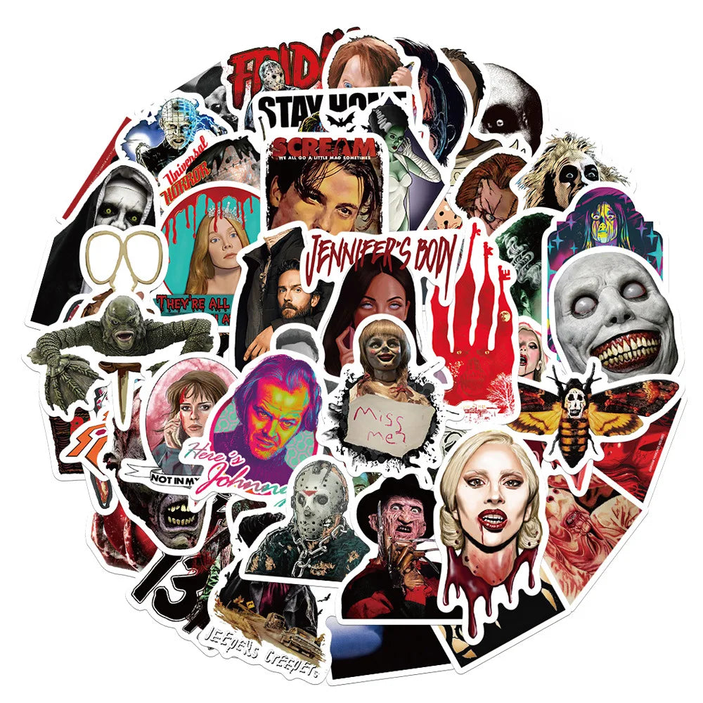 50pcs Dark Horror Killer Stickers - Halloween Decals for Notebooks, Water Bottles, Phone Cases & Party Decorations