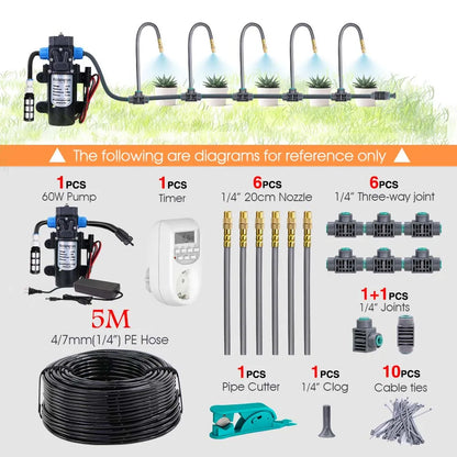 Adjustable 360° Brass Mist Nozzle Garden Irrigation Kit with 1/4” Hose, 15–5M Flexible Spray Cooling Sprinkler System for Watering & Cooling