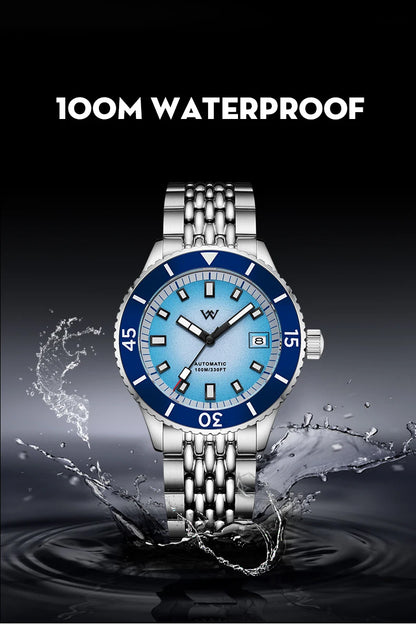 WM Welly Merck Automatic Mechanical Watch for Men — Sparkle Grain Gradient Dial, Ceramic Bezel, NH35, AR Coating, 100M WM212