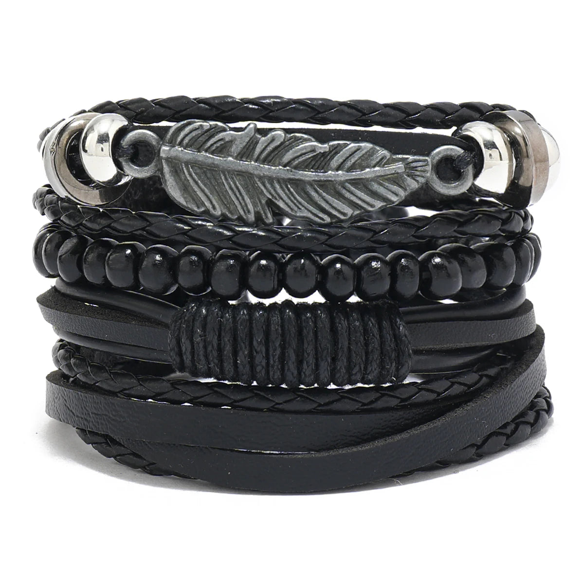 4Pcs Men's Braided Leather Bracelets Set – Vintage Life Tree & Rudder Charms, Wood Beads, Ethnic Tribal Wristbands