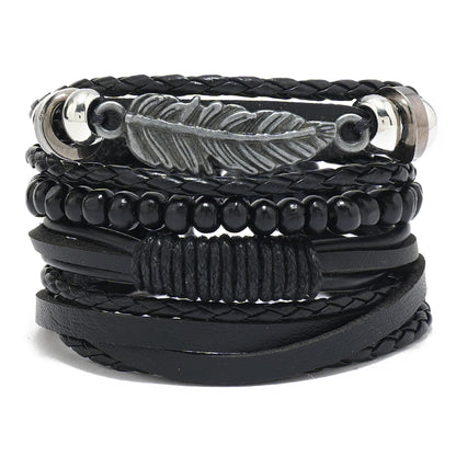 4Pcs Men's Braided Leather Bracelets Set – Vintage Life Tree & Rudder Charms, Wood Beads, Ethnic Tribal Wristbands