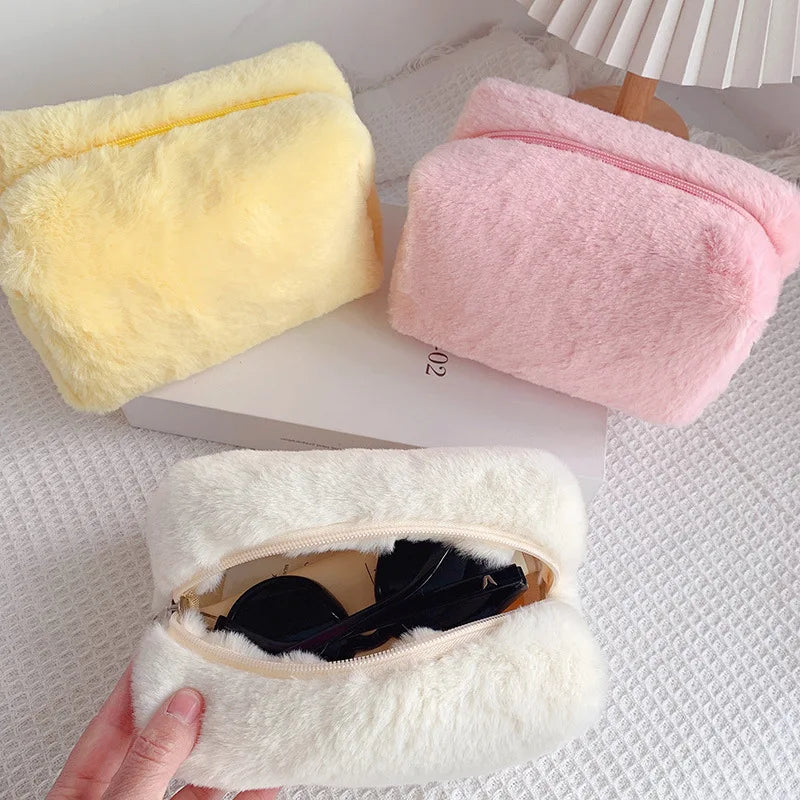 Solid Fur Cosmetic Storage Bag – Large Women’s Zipper Makeup Organizer Handbag, Stationery & Travel Toiletry Case