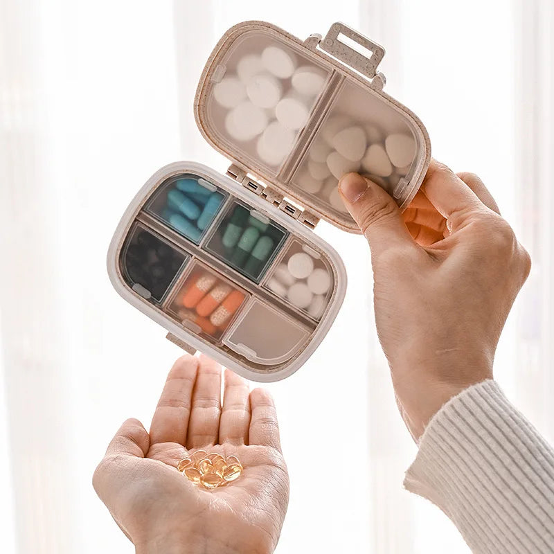 8-Grid Travel Pill Organizer – Small Wheat Straw Medicine Container with Seal Ring