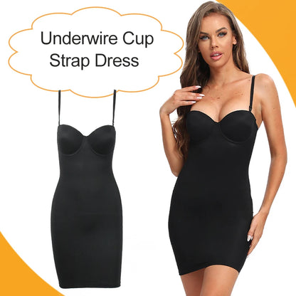 Full Length Nude Slimming Shapewear Slips: Straight Tube Dress Body Shaper for Women - Underwire Cup, Skinny Fit, Black