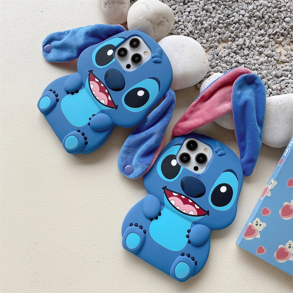 3D Cartoon Stitch Keychain Plush Phone Case with Ear Cover – Compatible with Samsung Galaxy S23/S24/S25 Ultra & A14-A34 Series
