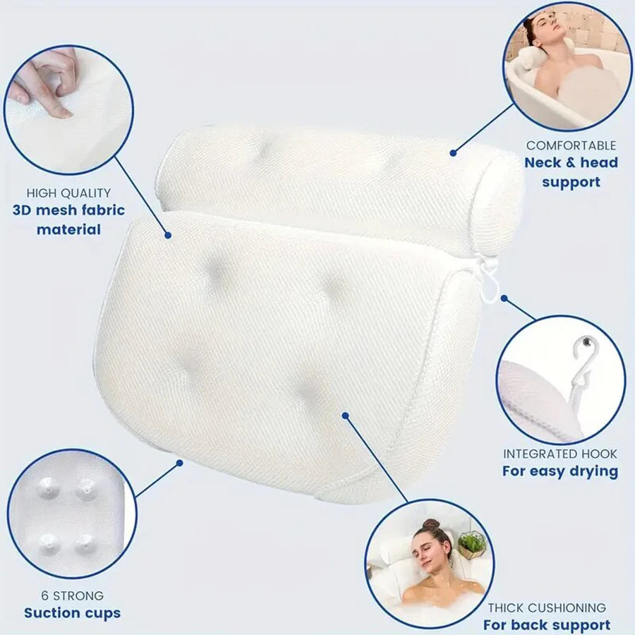 Spa Bathtub Pillow with Anti-Slip Suction Cups – Neck and Back Support for Bathtub and Bathroom Accessory