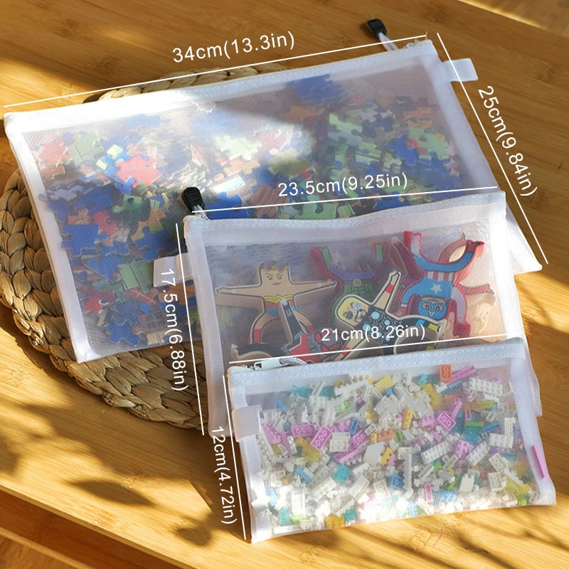 Children’s Puzzle & Building Block Storage Bag – Transparent Mesh Zipper Organizer for Toys, Cosmetics & Household Items