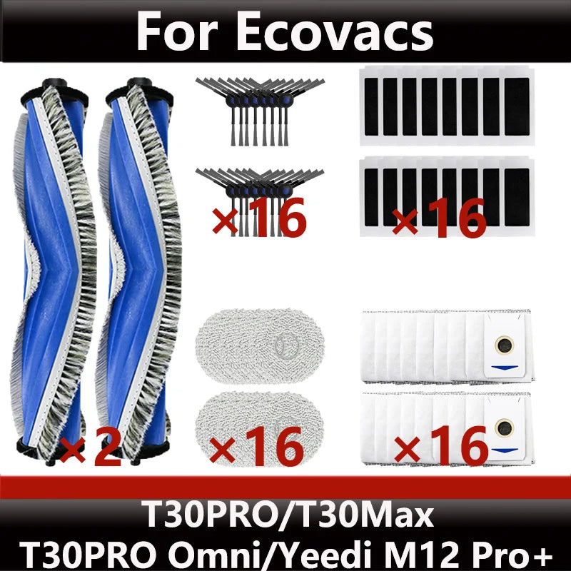 ECOVACS T30S PRO/T30 PRO OMNI & YEEDI M12 Pro+ Robot Vacuum Replacement Parts – Dust Bag, Main & Side Brush, Filter, Mop Accessories
