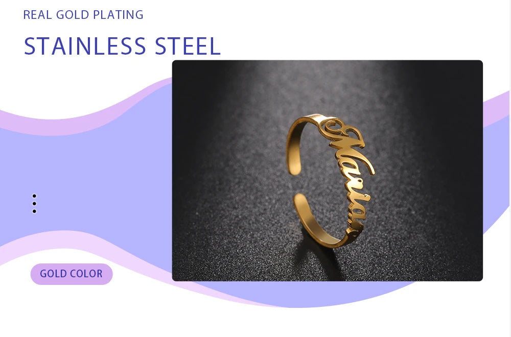 Custom Fishhook Double Name Finger Ring - Personalized Family & Couple Love Gift for Women & Men, Gold Stainless Steel Jewelry