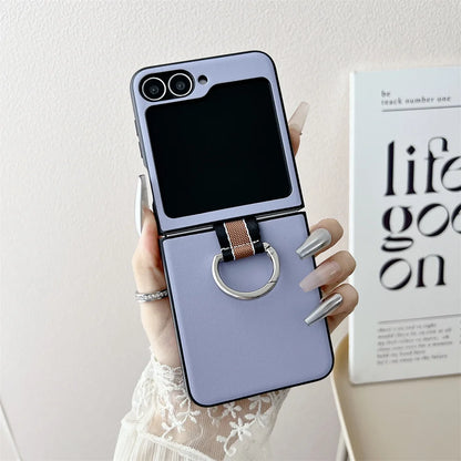 Ultra-Thin Ring Holder PU Leather Luxury Case for Samsung Galaxy Z Flip 6 / 5 / 4 / 3 – Slim Flip Phone Protective Cover with Kickstand Grip Design