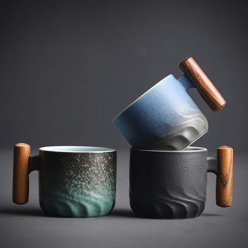 80ML Handmade Ceramic Coffee Cup with Wooden Handle - Office Tea Mug with Filter, Perfect Birthday Gift