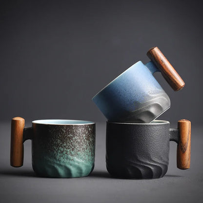 80ML Handmade Ceramic Coffee Cup with Wooden Handle - Office Tea Mug with Filter, Perfect Birthday Gift